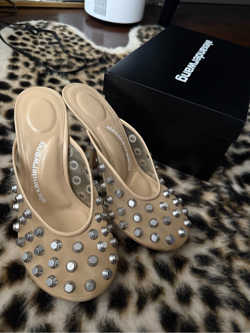 Alexander Wang Beige Studded Mule Slides with Silver Hardware